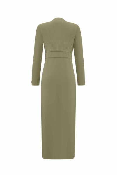 Yuvarlak Yaka Fitil Detaylı Yeşil Elbise - 2