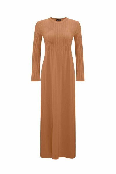 Saç Örgü Detaylı Triko Camel Elbise 