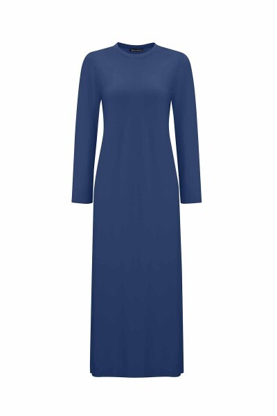 Düz Renk Triko İndigo Elbise 