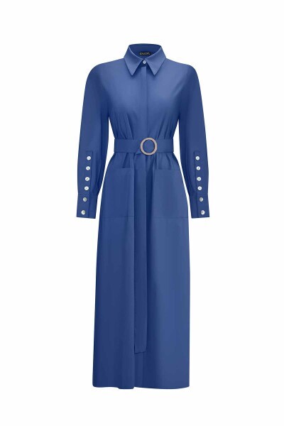 Gömlek Yaka Cepli Kumaş Lacivert Elbise - 1