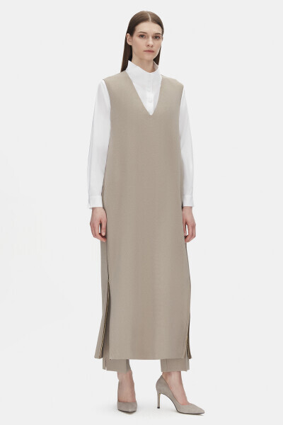 T25PF-4009 V Yaka Fermuar Detaylı Triko Elbise 1155-MINK 