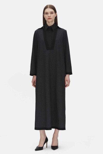 V Yaka Denim Siyah Elbise - 1