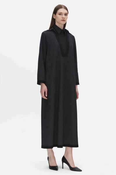 V Yaka Denim Siyah Elbise - 3