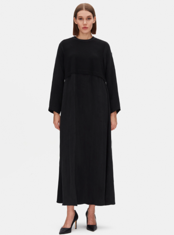 Yuvarlak Yaka Cupro Siyah Elbise - 1