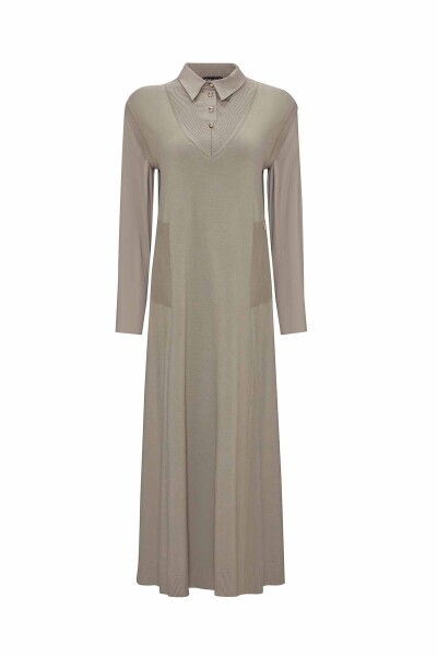 T25PF-4012 V Yaka Triko Kolsuz Elbise VİZON - MISS DALIDA