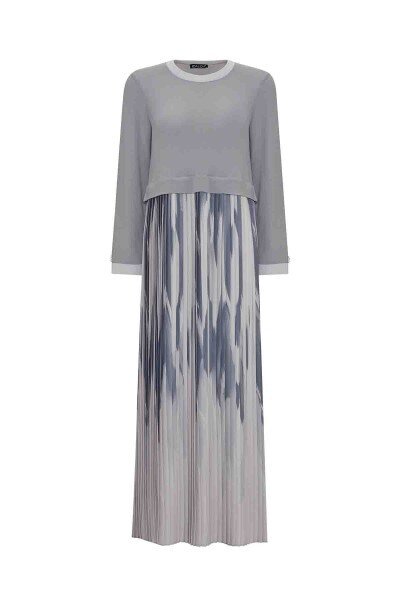 Eteği Desenli Triko Gri Elbise 