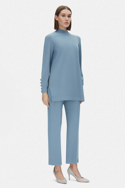 Uzun Kollu Triko Mavi Tunik - 1