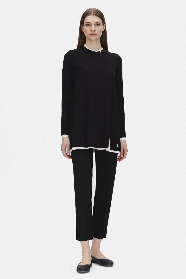 T25PF-6002 Yakası Yırtmaçlı Triko Tunik BLACK - 1