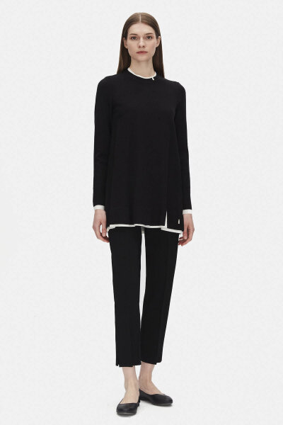 T25PF-6002 Yakası Yırtmaçlı Triko Tunik BLACK 