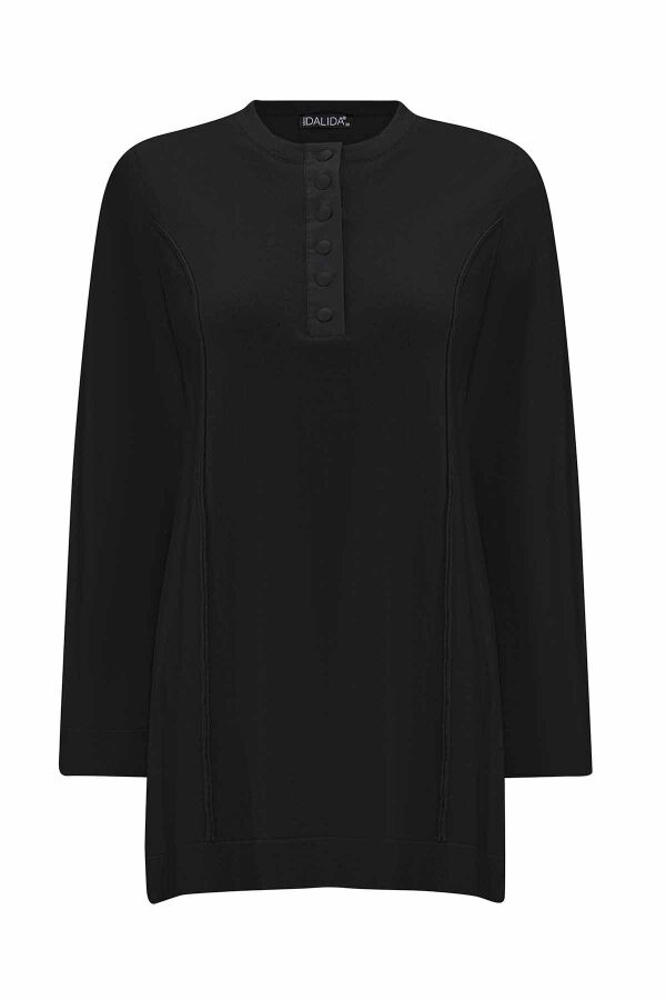 Yakası Düğmeli Triko Siyah Tunik - 1