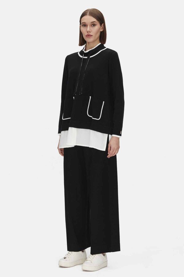 T25PF-6008 Yakası Büzgülü Cepli Triko Tunik BLACK - 1