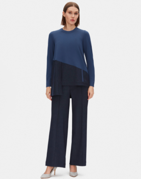 Düz Renk Triko Denim Detaylı Indigo Tunik 