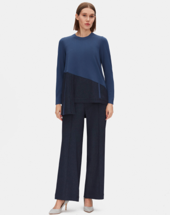 Düz Renk Triko Denim Detaylı Indigo Tunik - 1