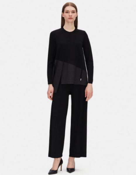 T25PF-6018 Düz Renk Triko Denim Detaylı Tunik BLACK - 1