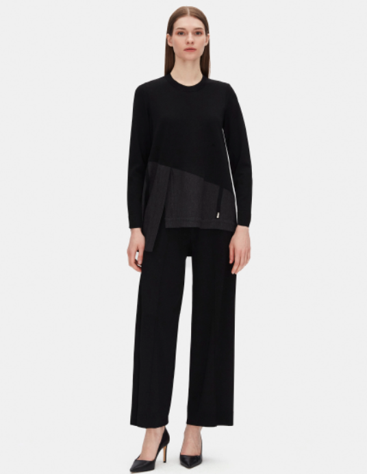 T25PF-6018 Düz Renk Triko Denim Detaylı Tunik BLACK - 1