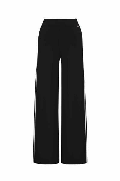 Yanları Beyaz Bol Paça Siyah Pantolon - 1