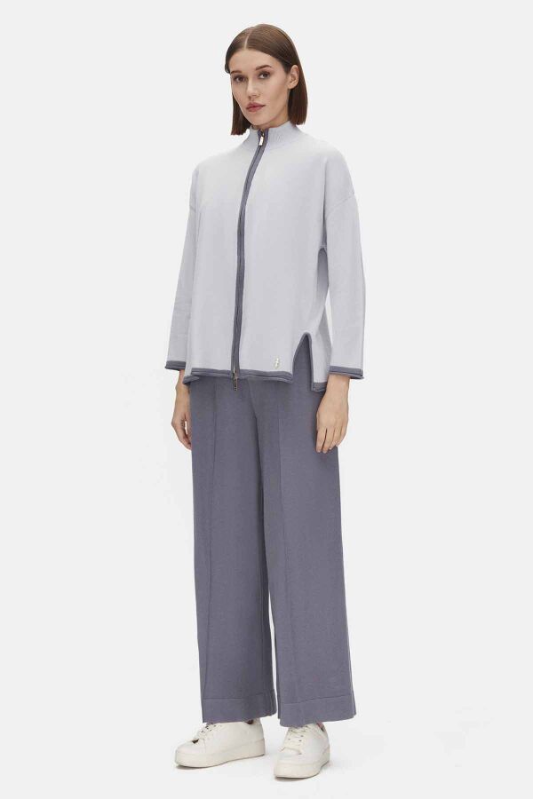 Dik Yaka Fermuarlı Triko Gri Ceket - 1