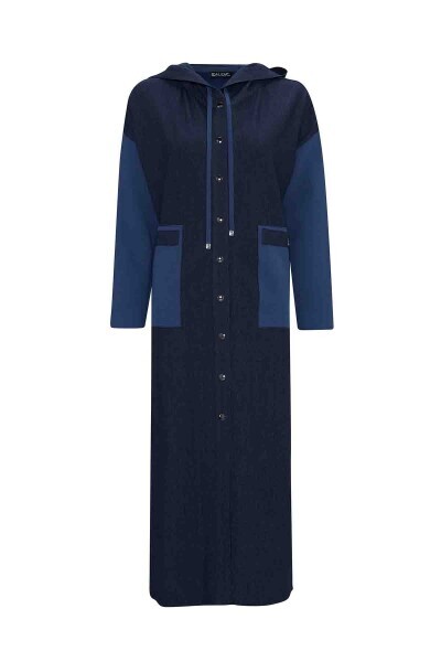 Triko Detaylı Uzun Denim Indigo Kap - 1