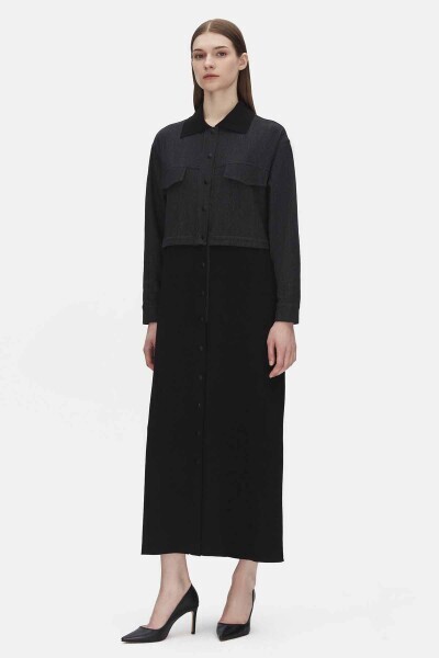 T25PF-8010 Triko Detaylı Uzun Denim Kap BLACK - 1