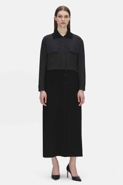 T25PF-8010 Triko Detaylı Uzun Denim Kap BLACK - 2