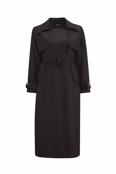 T25PF-8011 Triko Detaylı Kumaş Trençkot BLACK - MISS DALIDA