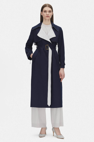 T25PF-8011 Triko Detaylı Kumaş Trençkot İNDİGO - MISS DALIDA