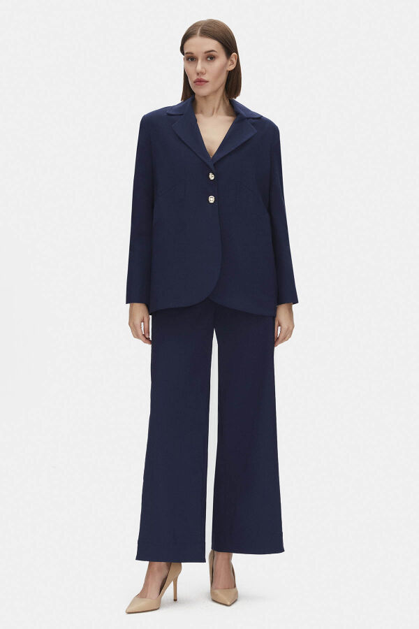 Düz Renk Kumaş Indigo Ceket - 1