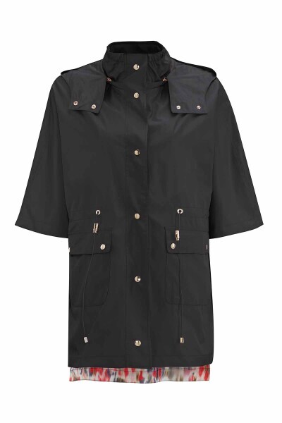 Astarı Desenli Kumaş Siyah Yağmurluk - MISS DALIDA