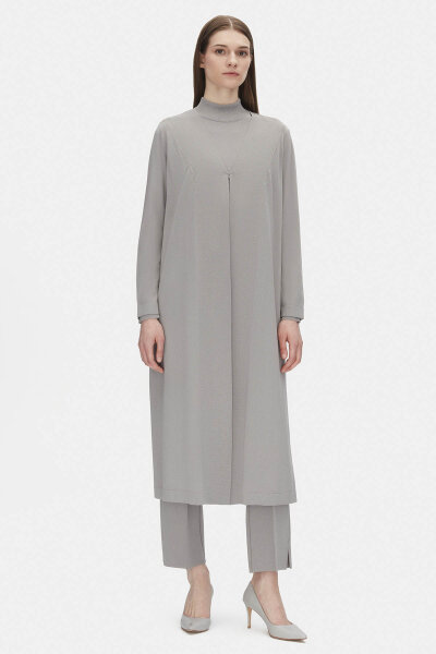 T25PF-9003 Düz Renk Uzun Triko Hırka 1381-DARK GREY 