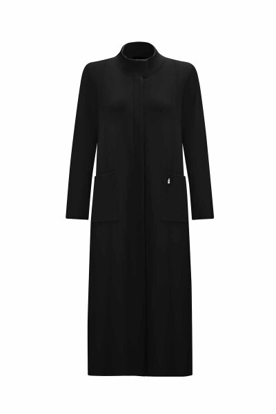 T25PF-9011 Dik Yaka Uzun Triko Hırka BLACK - 1