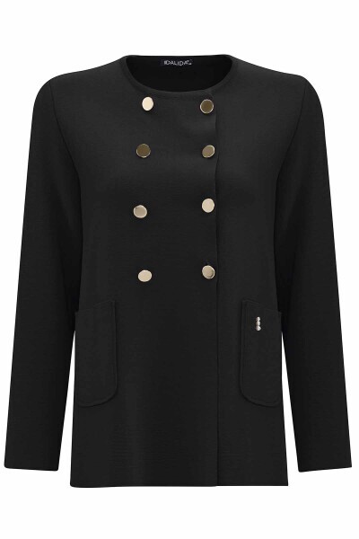 Kruvaze Düğmeli Kısa Siyah Hırka - 1