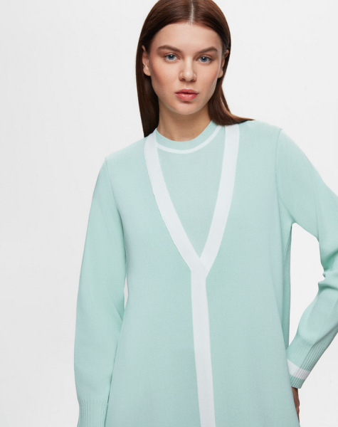 Renk Şeritli Klasik Hırka Tunik Açık Yeşil Takım 