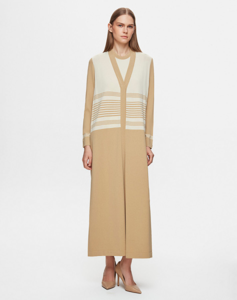 İnce Çizgili Hırka Elbise Camel Takım - 1