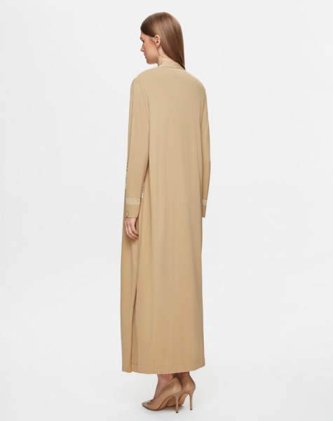 İnce Çizgili Hırka Elbise Camel Takım - 2