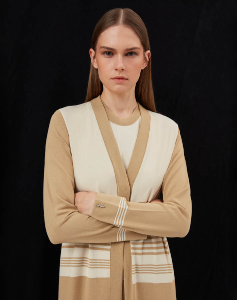 İnce Çizgili Hırka Elbise Camel Takım - 3