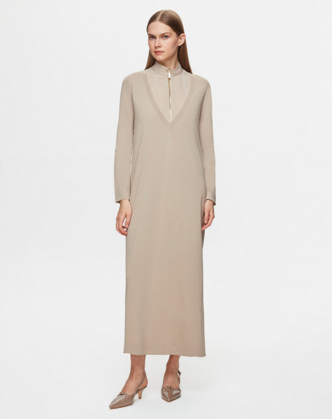 Fermuarlı Yaka Triko Taş Rengi Elbise 