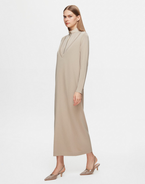 Fermuarlı Yaka Triko Taş Rengi Elbise - 2