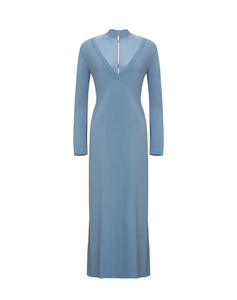 Fermuarlı Yaka Triko Mavi Elbise - 1