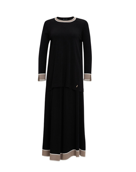 T25Y-2005 Ucu Renk Şeritli Triko Kloş Etek BLACK 