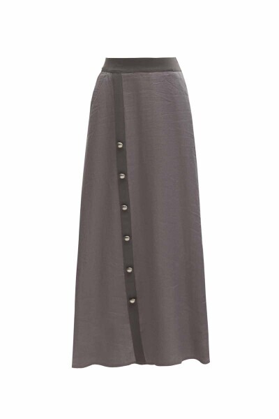 Düğme Detaylı Triko Tiktaklı Keten Antrasit Etek - 1