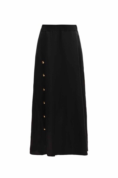 Düğme Detaylı Triko Tiktaklı Keten Siyah Etek - 2