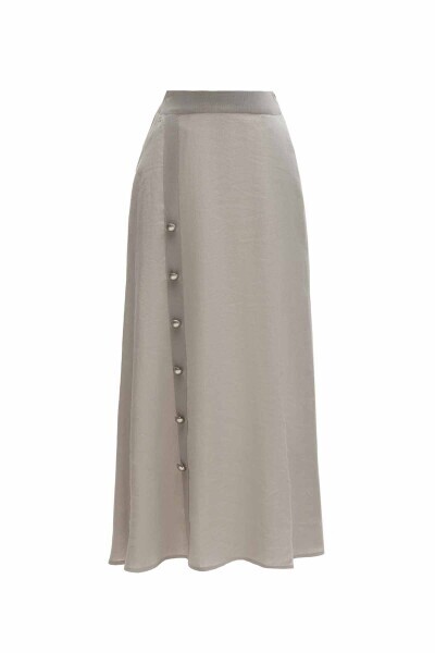 Düğme Detaylı Triko Tiktaklı Keten Gri Etek - 1