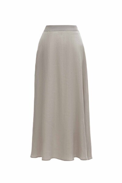 Düğme Detaylı Triko Tiktaklı Keten Gri Etek - 2