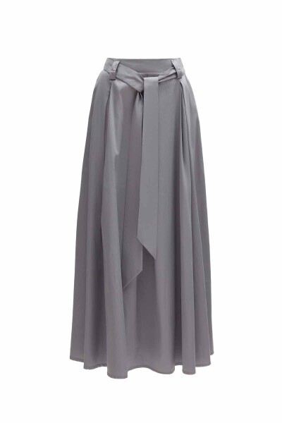 T25Y-2015 Beli Kuşaklı Rahat Kesim Kumaş Etek GREY 