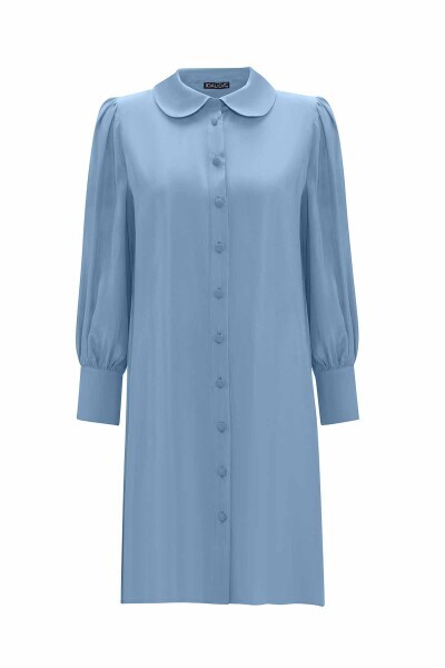 Bebe Yaka Balon Kollu Cupro Mavi Tunik - 1