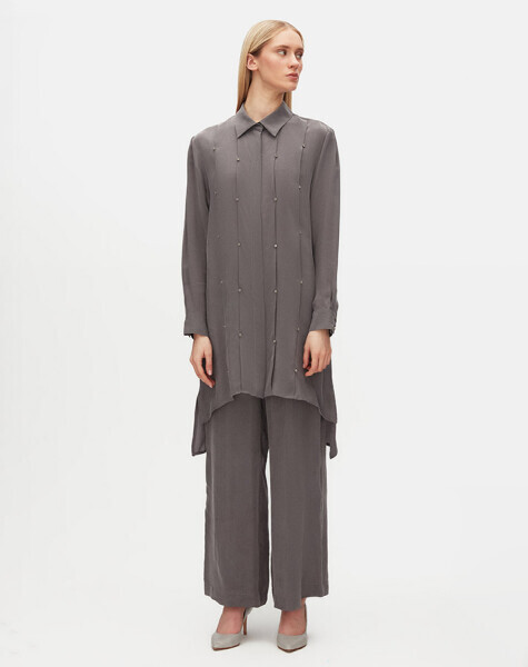 Taş Detaylı Cupro Antrasit Gömlek 