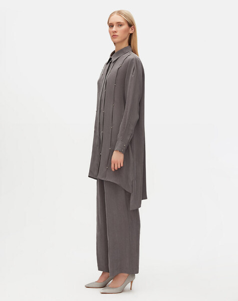 Taş Detaylı Cupro Antrasit Gömlek - 2