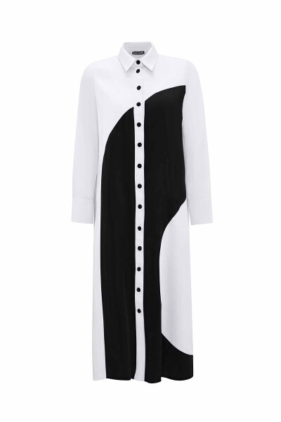 T25Y-3007 Geometrik Desenli Pamuklu Uzun Gömlek ECRU / BLACK 