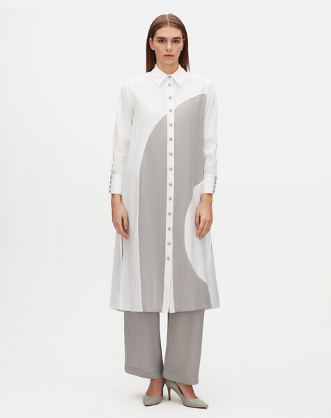 T25Y-3007 Geometrik Desenli Pamuklu Uzun Gömlek ECRU / GREY - 1