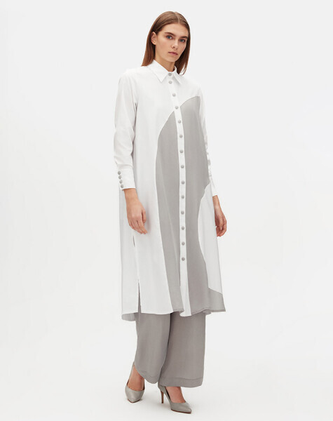 T25Y-3007 Geometrik Desenli Pamuklu Uzun Gömlek ECRU / GREY - 3